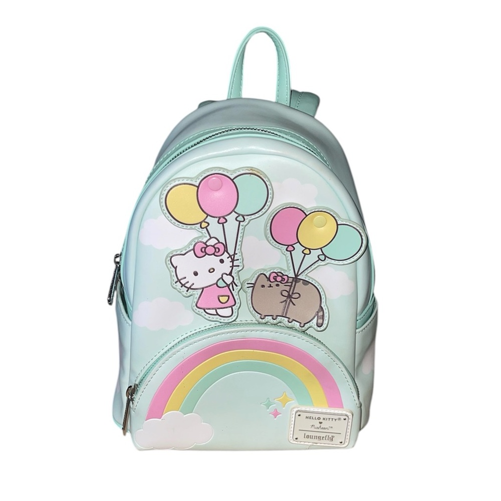 LOUNGEFLY Hello Kitty Pusheen Green Pink Balloons Rainbow Backpack Bag -Preowned